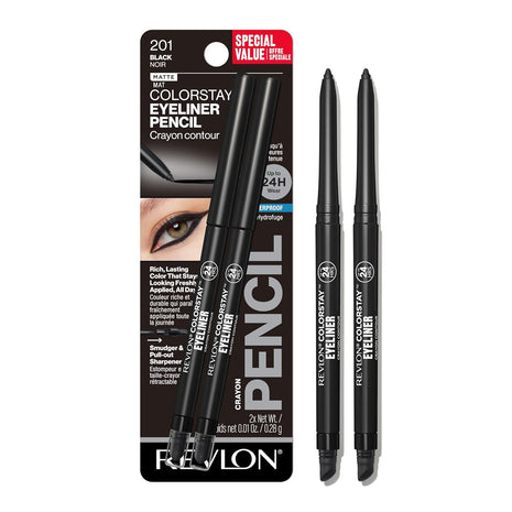Revlon ColorStay Pencil Waterproof Eyeliner, Smudge-Proof, Eye Makeup with Built-In Sharpener, Long-Lasting, Matte Finish, 201 Black, 2 pack