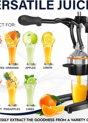Eurolux Ultra-Premium Cast Iron Juicer | Extra-Large, Heavy Duty, Commercial Grade, Stainless Steel Manual Hand Press Citrus Squeezer For Fresh Orange Juice, Pomegranate, Lemon, and Much More (Black)