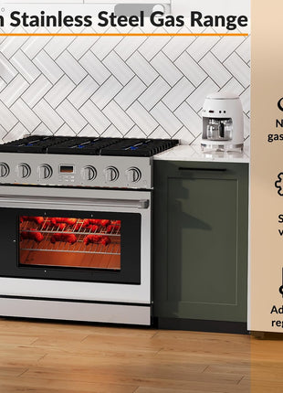 36 Inch Freestanding Dual Fuel Range Oven Stove, 6.0 Cu. Ft True Convection and Self Clean, Cooktop 6 Sealed Gas Burners, Stainless Steel