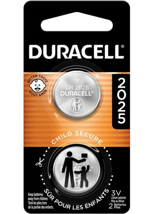 Duracell CR2025 3V Lithium Battery, Child Safety Features, 2 Count Pack, Lithium Coin Battery for Key Fob, Car Remote, Glucose Monitor, 3 Volt Cell