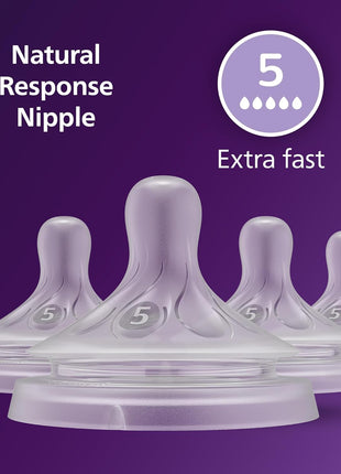 Philips Avent Natural Response Baby Bottle Nipples, Extra Fast Flow, 4-Pack | Baby-Controlled Flow, No-Drip Design, Anti-Colic Valve, Wide Breast-Shaped Nipple, BPA-Free, 4-Pack, SCY965/44