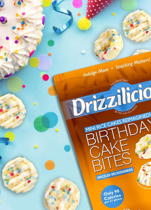 Drizzilicious Mini Flavored Rice Cakes Birthday Cake - Rice Crisps, Healthy Snack for Adults and Kids, Vegan, Gluten Free Snack, Allergen Free, Only 90 Calories Per 21 Pieces - 4 oz (Pack of 2)