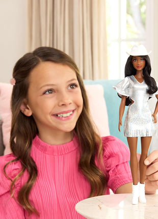 Barbie Fashionistas Doll #239 with Black Hair, Western Themed Outfit | Wearing Sparkly Silver Fringe Dress with Western Accessories like White Cowboy Hat and Boots