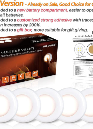 STAR-SPANGLED 2.8" LED Puck Lights Under Cabinet AAA Battery, 5 Pack Warm | Mini DIY Adhesive Stick on Touch Push Tap Button Lamp AAA Battery Powered Operated for Kitchen Closet Pantry Classroom Shelf