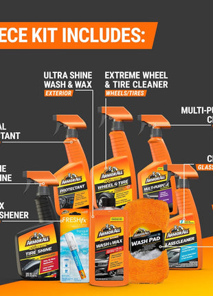 Armor All Premier Car Care Kit, Includes Car Wax & Wash Kit, Glass Cleaner, Car Air Freshener, Tire & Wheel Cleaner (8 Piece Kit)
