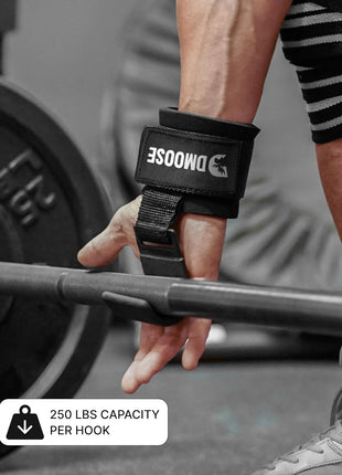 DMoose Fitness Weight Lifting Hooks (Pair) for Deadlifts, Pull Ups, Rows & Shrugs - Anti-Rip Nylon Strap Hand Grips with Thick Wrist Padding - Heavy Duty Wrist Straps for Weightlifting & Gym Workouts