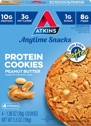 Atkins Peanut Butter High Protein Cookie, Keto Snacks, 3g Net Carb | Low Sugar and Low Carb Treats, Satisfies Cravings with High Protein, 4 Count, Individually Wrapped for On-the-Go, 1g Sugar