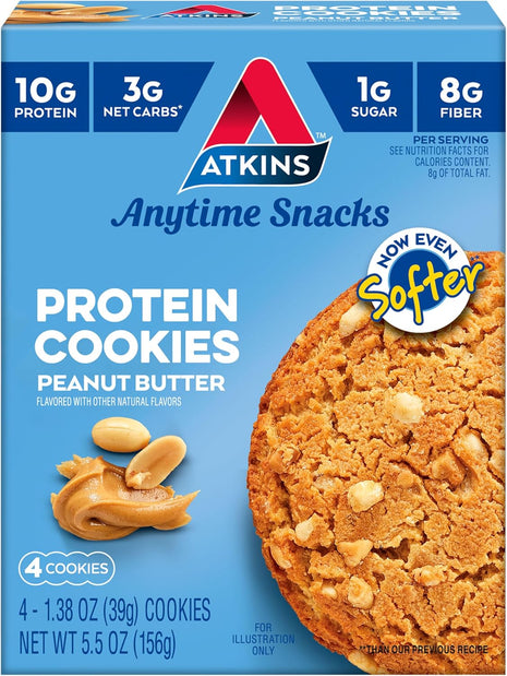 Atkins Peanut Butter High Protein Cookie, Keto Snacks, 3g Net Carb | Low Sugar and Low Carb Treats, Satisfies Cravings with High Protein, 4 Count, Individually Wrapped for On-the-Go, 1g Sugar