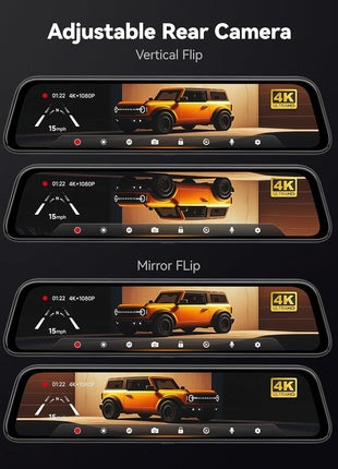 WOLFBOX G840S 12" 4K Mirror Dash Cam Backup Camera, 5.8GHz WiFi Smart Rearview Mirror for Cars & Trucks, Front and Rear View Dual Cameras, Night Vision, Parking Assistance, Included 32GB Card & GPS