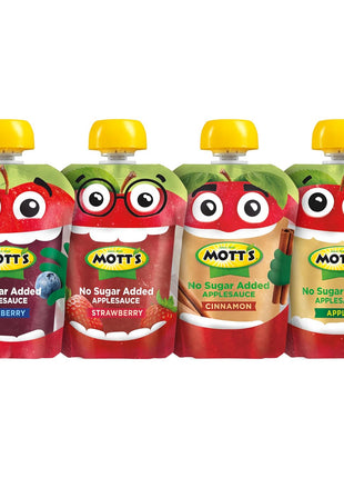 Mott's No Sugar Added Applesauce Variety Pack, 4 Flavors – Apple, Strawberry, Cinnamon & Blueberry, Made from Real Fruit, No Artificial Flavors, 3.2 Clear Pouches, 20 Pack
