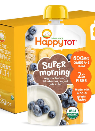 Happy Tot Organics Stage 4 Baby Food Pouches, Gluten Free, Super Morning Fruit & Oat Blend, Bananas, Blueberries, Yogurt, Oats & Chia, 4 Oz (Pack of 8)