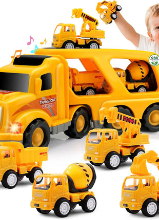 Construction Truck Toys for Toddler 3-4: 5-in-1 Vehicles with Sound Lights | 13 inch Big Carrier 4 Mini Truck - Great for Little Boys Daily Repeat Play - Ideal Christmas Birthday Gifts for Boy Grandkids