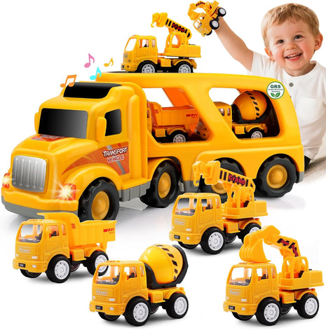 Construction Truck Toys for Toddler 3-4: 5-in-1 Vehicles with Sound Lights | 13 inch Big Carrier 4 Mini Truck - Great for Little Boys Daily Repeat Play - Ideal Christmas Birthday Gifts for Boy Grandkids