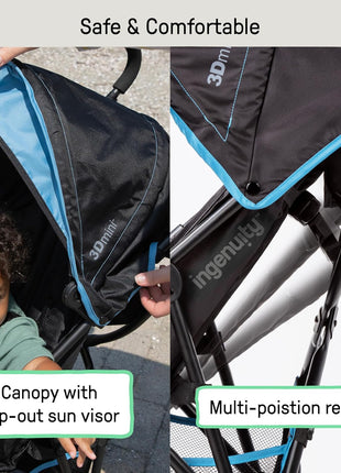 Ingenuity 3D Mini Convenience Stroller – Lightweight Stroller with Compact Fold, Multi-Position Recline, Canopy with Pop Out Sun Visor – Umbrella Stroller for Travel & More, Blue/Black
