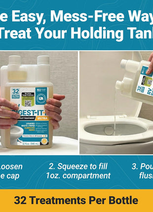 Unique RV Digest-It Ultra RV Toilet Treatment, 32 Uses, Super Concentrated - Eliminates Smells and Liquifies Waste, Easy-Measure Extra-Strength Preventive Bio-Enzymatic Holding Tank Treatment (32 oz)