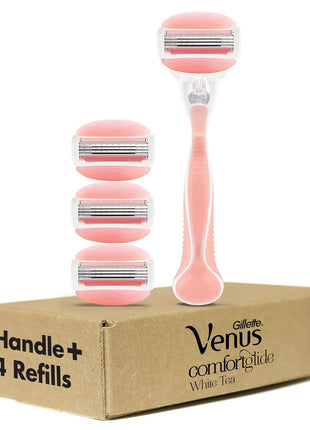 Gillette Venus ComfortGlide White Tea Women's Razor, Handle + 4 Blade Refills