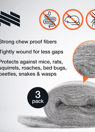 MaPorch Steel Wool Mouse Hole Filler - 3 Pack, 3.2 in x 7.5 ft - Metal Mesh Gap Filler for Walls & Pipes - DIY Kit with Gloves & Scissors - Mouse Prevention Rat Wire Mesh