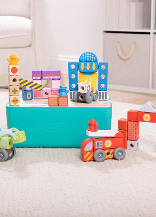 Melissa & Doug BlockablesTM Deluxe City Snap and Play, Mix and Match Connectable Wooden Building Blocks Set with Storage Bin and Play Lid (122 Pcs) Ages 2 to 7- FSC Certified
