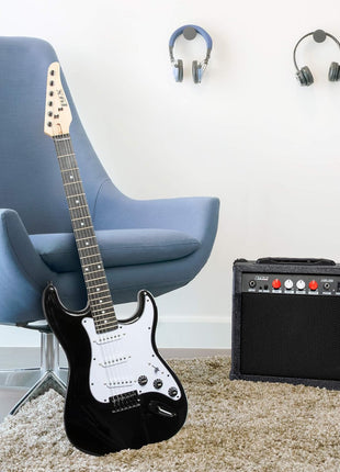 LyxPro Electric Guitar 39 inch inch Complete Beginner Starter kit Full Size with 20w Amp, Package Includes All Accessories, Digital Tuner, Strings, Picks, Tremolo Bar, Shoulder Strap, and Case Bag   Black