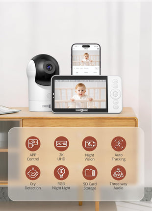 PARIS RHÔNE Video Baby Monitor, 2K UHD WiFi Camera, Night Vision, 5inch Smart Baby Monitor with App Control, Motion and Cry Detection, AI Tracking, Three-Way Audio, RGB Night Light, Lullabies
