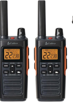 Cobra RX680 Walkie Talkies (2-Pack) - Rugged & Splashproof Two Way Radios Long Range, IP54 Water Resistant Design, 60 Pre-Programmed Channels, Weather Alerts, Included Charging Dock (Black/Orange)