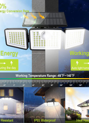 daphino 2500LM Solar Lights Outdoor with Motion Sensor,3 Head 270° Wide Angle Street Area Lights, IP65 Waterproof Security Lighting with 3 Modes(Non-Remote,2 Pcs)