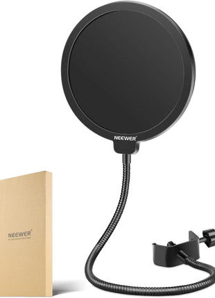 Neewer Professional Microphone Pop Filter Shield Compatible with Blue Yeti and Any Other Microphone, Dual Layered Wind Pop Screen With A Flexible 360 Degree Gooseneck Clip Stabilizing Arm
