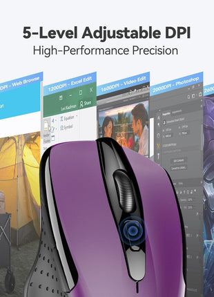 TECKNET Wireless Mouse, 2.4G Ergonomic Computer Mouse, 2600 DPI, Purple | Ergonomic Design with Side Grips, Adjustable DPI, 2-Year Battery, Compact Size, USB-A Plug & Play, Wide OS Compatibility