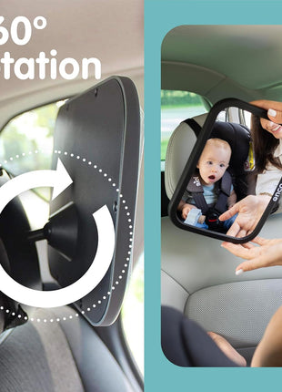 Baby Car Mirror for Rear Facing Seats - Double Award Winning, Non-Slip | Shatterproof and shakeproof car mirror for baby with 360° rotation and clear convex view for newborn satefy (9.6 x 6.9 in).