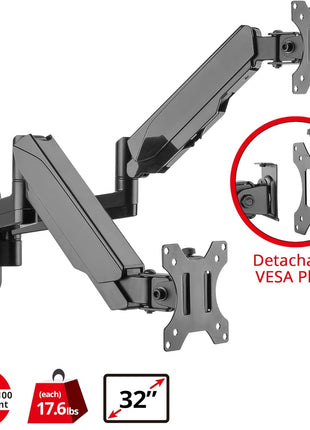 SIIG Dual Arm Monitor Wall Mount for 17 inch to 32 inch Screens, Up to 17.6lbs per Monitor, Heavy Duty Aluminum Gas Spring with Rotation, Tilt, Swivel, VESA 75x75 or 100x100 (CE-MT2M12-S1)