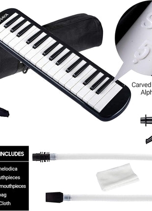 CAHAYA Melodica Piano Keyboard 32-Key with Case for Beginners Black | Portable Keyboard Instrument with 2 mouthpieces and carry bag ideal gift for kids student school lessons practice performance