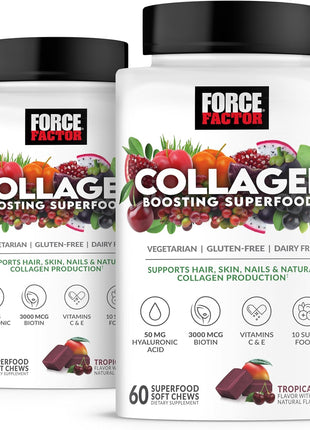 Force Factor Collagen Boosting Superfoods, Vegan Collagen Booster for Women | with Biotin, Hyaluronic Acid, and Vitamin C, for Hair, Skin, Nails, & Joint Support, Tropical Fruit, 120 Soft Chews, 2-Pack