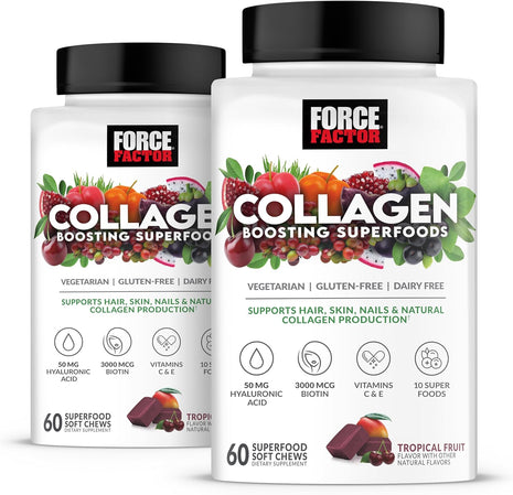 Force Factor Collagen Boosting Superfoods, Vegan Collagen Booster for Women | with Biotin, Hyaluronic Acid, and Vitamin C, for Hair, Skin, Nails, & Joint Support, Tropical Fruit, 120 Soft Chews, 2-Pack