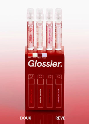 Glossier You Mini Wardrobe Fragrance Set - 4 Unisex Travel Size Eau de Parfum for Women & Men - Skin-Scent Enhancer Perfume Sampler, Smells Different on Everyone - You, Fleur, Doux, Rêve - 1.5ml Each