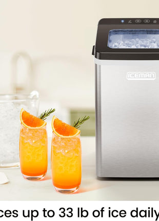 Iceman Pebble Ice Machine, Countertop Nugget Ice Maker Produces Chewable Pellet Ice in 20 Minutes, Makes 33lbs/Day, with One-Touch Cleaning Function and Ice Scoop/Basket Included – Stainless Steel