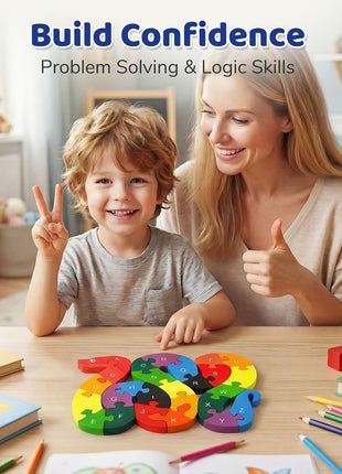 LovesTown Wooden Double Sided Snake Puzzle | Alphabet & Numbers, Montessori Educational, Chunky Animal Design, For Toddlers, Great Learning Gift
