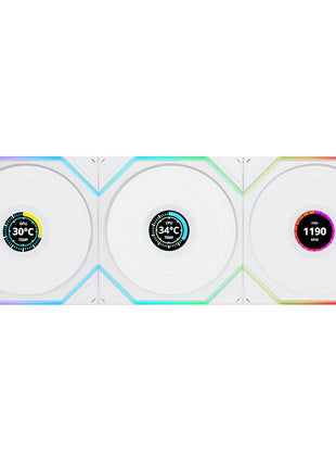 Lian Li UNI Fan TL-120-Reverse Blade-Controller Included-White-12TLLCD1W3W | Triple Pack, Seamless Wireless Control Fan w/LCD Screen, LCP Fan Blade, Daisy-Chained Style, Customizable RGB LEDs