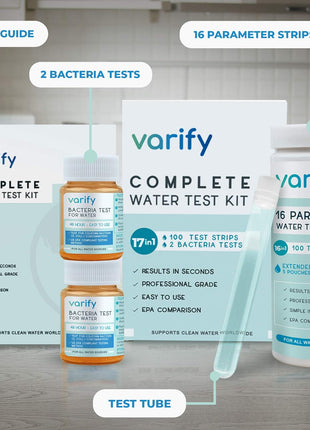 Varify 17in1 Complete Drinking Water Test Kit - 100 Strips  2 Bacteria Tester Kits - Well, Tap, Home, City Water Testing Strip for Lead, Alkaline, Chlorine, Hardness, Iron, Fluoride, Copper & More