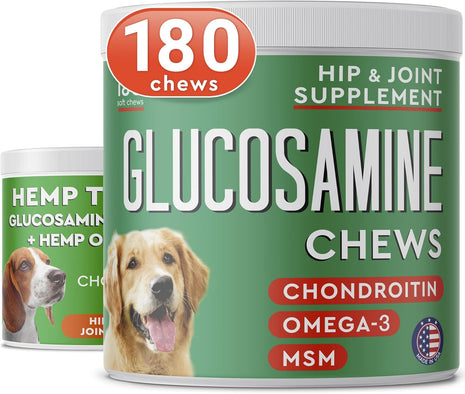 Hemp + Glucosamine Dog Treats for Picky Eaters Bundle + Hip & Joint Supplement w/Hemp Oil Chondroitin MSM Turmeric + Omega-3 - Natural Pain Relief + Chicken Flavor - 120 +180 Soft Chews - Made in USA