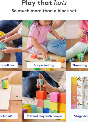 LOVEVERY | The Block Set | Solid Wood Building Blocks and Shapes + Wooden Storage Box, 70 Pieces, 18 Colors, 20+ Activities, Toddler Block Set and Converts into a Pull Car, Ages 12 to 48+ months