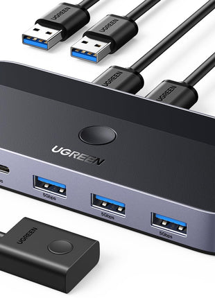 UGREEN USB 3.0 Switch 2 Computers Sharing USB C & A Devices, 4 Port USB Switcher Sharing Keyboard and Mouse, Printer/Scanner USB Switch Hub for Two Computers with 2 USB3.0 Cables and Controller