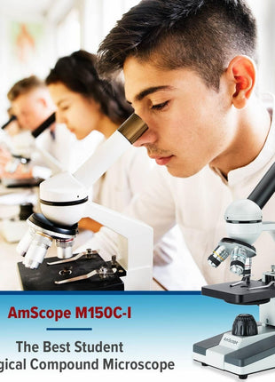 AmScope M150 Series Portable LED Monocular Student Compound Microscope - 40X-1000X Magnification - Microscope Kit Includes Dust Cover, 2 Clips & 2 Eyepieces