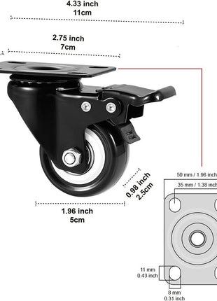 ASHGOOB 2 inch Caster Wheels Set of 4, Heavy Duty Casters with Brake, No Noise Locking Polyurethane (PU) Wheels, Swivel Plate Castors Pack 4