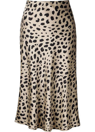 Soowalaoo High Waisted Leopard Midi Length Skirt Hidden Elasticized Waistband Silk Satin Summer Casual Trendy Ladies Skirts M