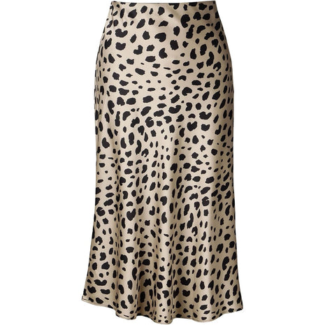 Soowalaoo High Waisted Leopard Midi Length Skirt Hidden Elasticized Waistband Silk Satin Summer Casual Trendy Ladies Skirts M