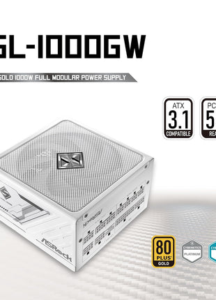 ASRock Steel Legend SL-1000GW 1000W 80 Plus Gold & Cybenetics Platinum Full Modular Power Supply ATX3.1 PCIe5.1 Ready with Dual Color 12V-2x6 Cable 10 Years Warranty White Edition Japanese Capacitor