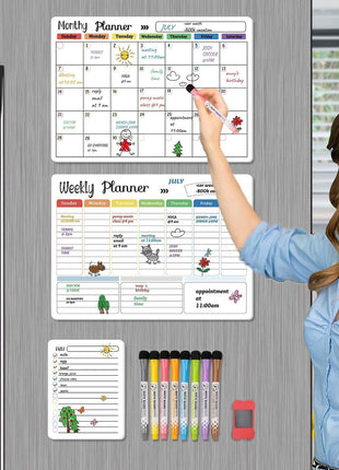 Hivillexun 3-Pack Magnetic Dry Erase Calendar Whiteboard Set for Fridge, Wall & Refrigerator Organisation – Monthly, Weekly & Daily Planners – Includes 8 Markers & Eraser