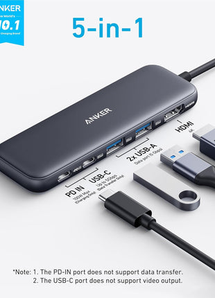 Anker USB C Hub, 5-in-1 USBC to HDMI Splitter with 4K Display, 1 x Powered USB-C 5Gbps & 2×Powered USB-A 3.0 5Gbps Data Ports for MacBook Pro, MacBook Air, Dell and More