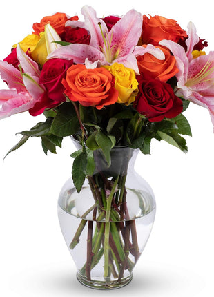 Benchmark Bouquets - Big Blooms Oriental Lilies & Roses (Glass Vase Included) - Fresh Flowers for Next Day Delivery - Gift for Birthday, Anniversary, Get Well, Sympathy, Congratulations