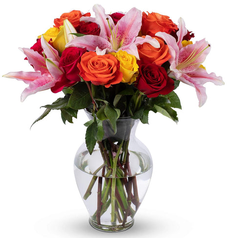 Benchmark Bouquets - Big Blooms Oriental Lilies & Roses (Glass Vase Included) - Fresh Flowers for Next Day Delivery - Gift for Birthday, Anniversary, Get Well, Sympathy, Congratulations